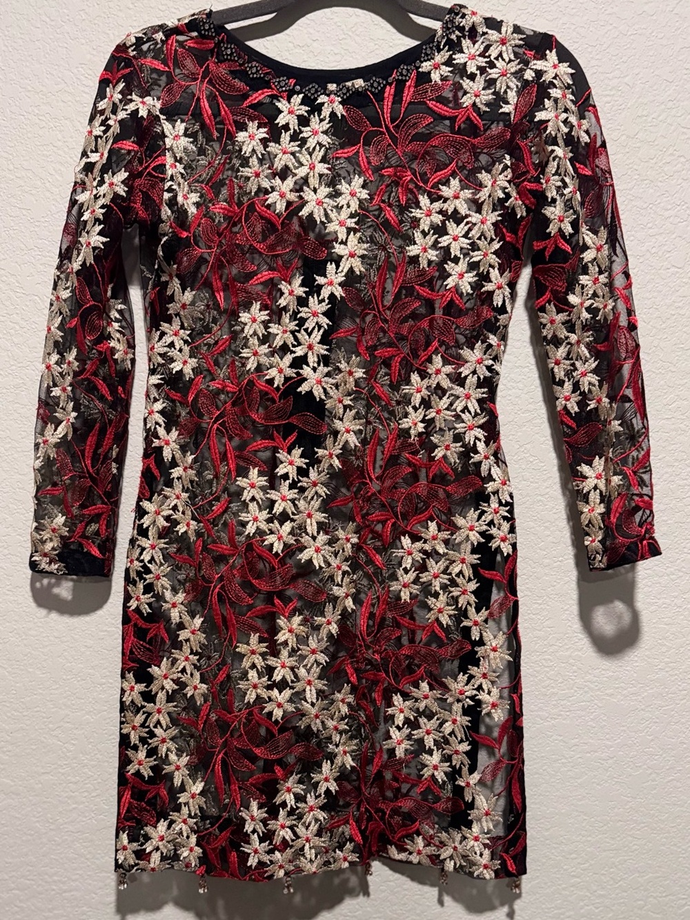 Black Lace Midi Dress with Red & Cream Floral Embroidery